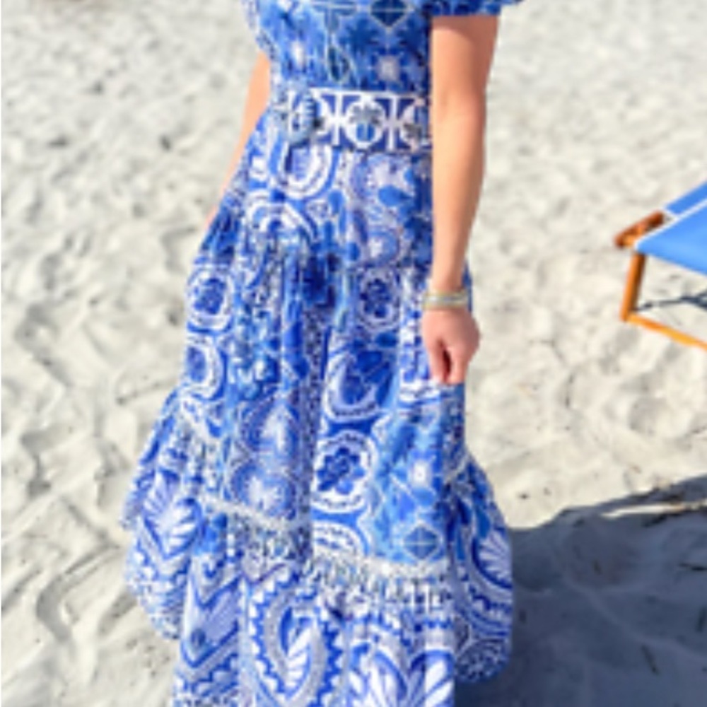 FARM Rio Blue Puff Sleeve Maxi Sundress